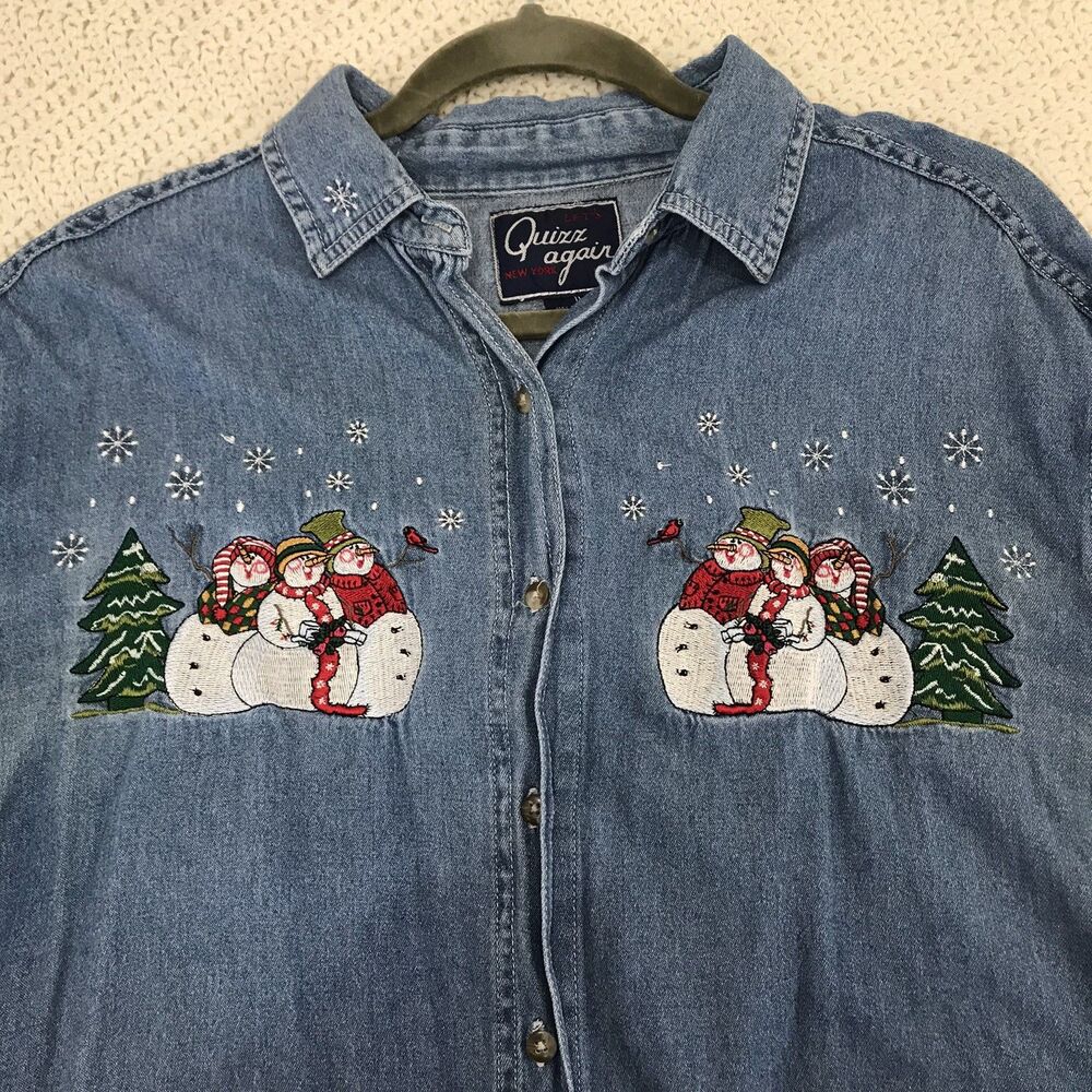 Womens XL Denim Christmas Shirt Snowman Embroidered Blue Cotton